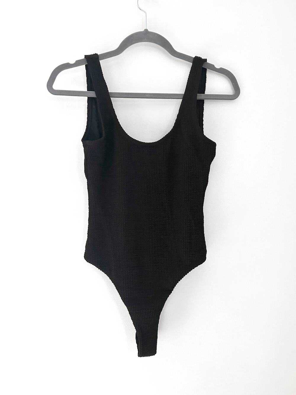 Kendall & Kylie Black Smocked One Piece Swim Suit or Bodysuit Low Back Cheeky